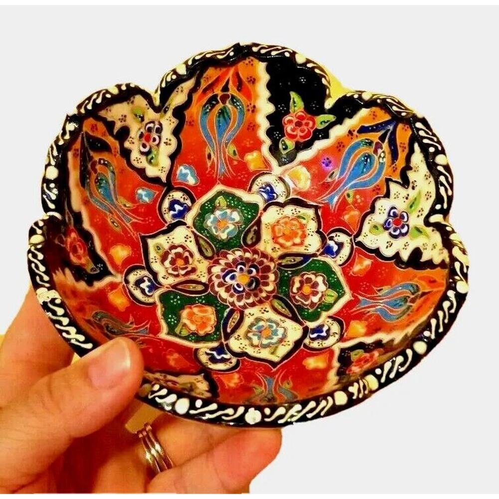 Hand Made Tuanaimato Samoa Ceramic BOWL Red Orange Ornate Pattern Eastern